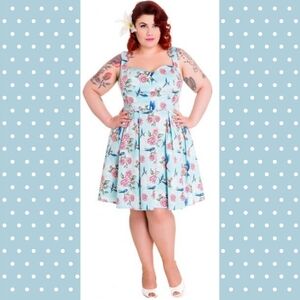 Hell Bunny Lacey Dress Pin Up Blue Swallows & Roses Dress Swing